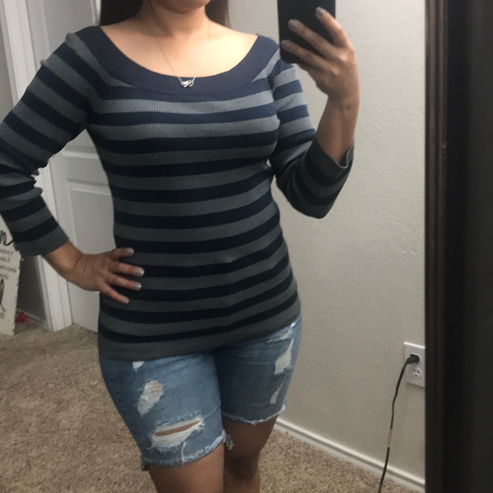 Blue & Grey Striped off the shoulder top